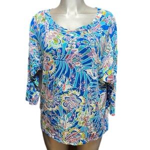 Sunny Leigh Floral Blouse Top Long Sleeve Scoop Neck Hawaiian Print Coastal Lrg
